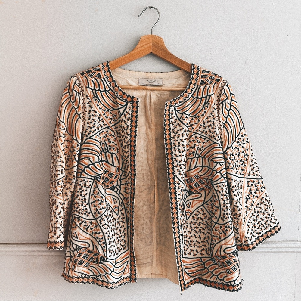 Zara Embroidered Cream and Black Boho Jacket